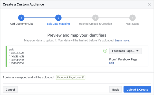 Når du importerer din Messenger-bot-abonnentliste for at oprette et brugerdefineret publikum, kortlægger Facebook deres Facebook-bruger-id, som er bundet til deres profil.