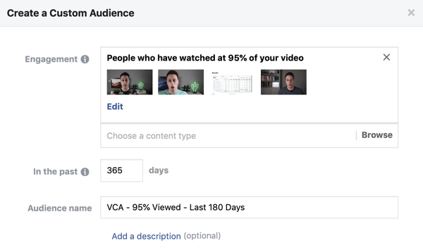 Indstilling af muligheder for at oprette et brugerdefineret Facebook-publikum af mennesker, der ser en video på Facebook eller Instagram.