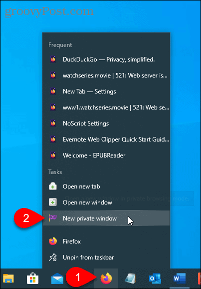 Vælg Nyt privat vindue på Firefox på proceslinjen