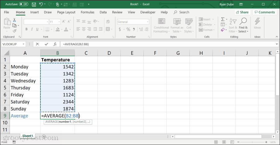 ved hjælp af gennemsnitlig funktion i Excel