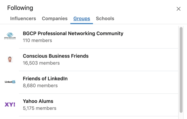 LinkedIn-profil udvidet boksen Interesser med fanen Gruppe valgt
