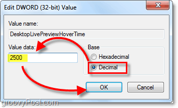 juster dword-egenskaber til decimal og værdidata til 2500 for windows 7 DesktopLivePreviewHoverTime