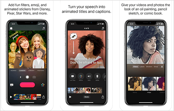 Apple Clips-app-produktbilleder viser funktioner, der gør tale til animerede titler og billedtekster og filtre. Andrew Hubbard siger, at du kan bruge Apple Clips til at redigere en 60-sekunders videopitch, der genoplader folk, der har set din livevideo.