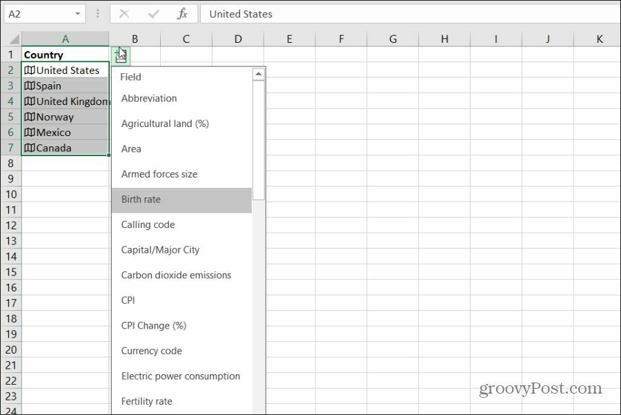 valg af landgeografidata i Excel