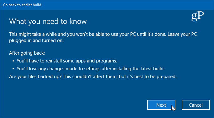 detaljer om rollback til den tidligere version af Windows 10