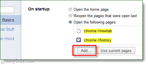 Chrome opstart Tilføj sider, der skal åbnes