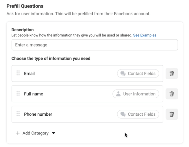 facebook leadannoncer opretter en ny leadformularmulighed for at tilføje spørgsmål til forudfyldning med eksempler, der bruges til e-mail, fuldt navn og telefonnummer