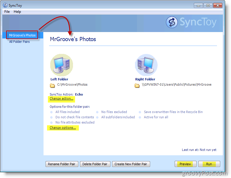 Microsoft SyncToy-hovedmenuskærmbillede