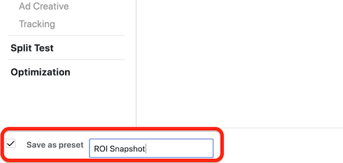 Opret ROI-snapshot-tilpasset rapport i Facebook Ads Manager, trin 8