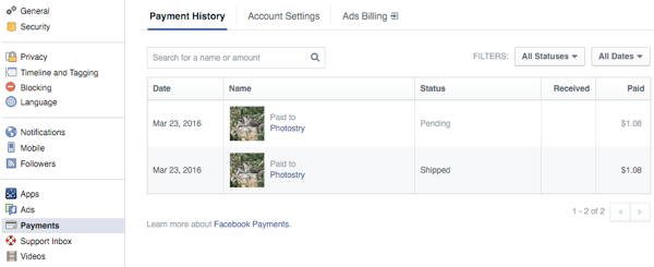 kunder ser ordrer i betalingsafsnittet i facebook-indstillinger