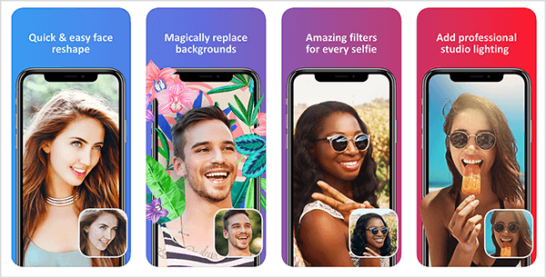 Facetune 2 er en nem måde at røre ved dine selfies. Eksemplet på iTunes App Store viser, hvordan appen justerer et ansigt, erstatter en baggrund, filtrerer farve og løser belysningsproblemer.