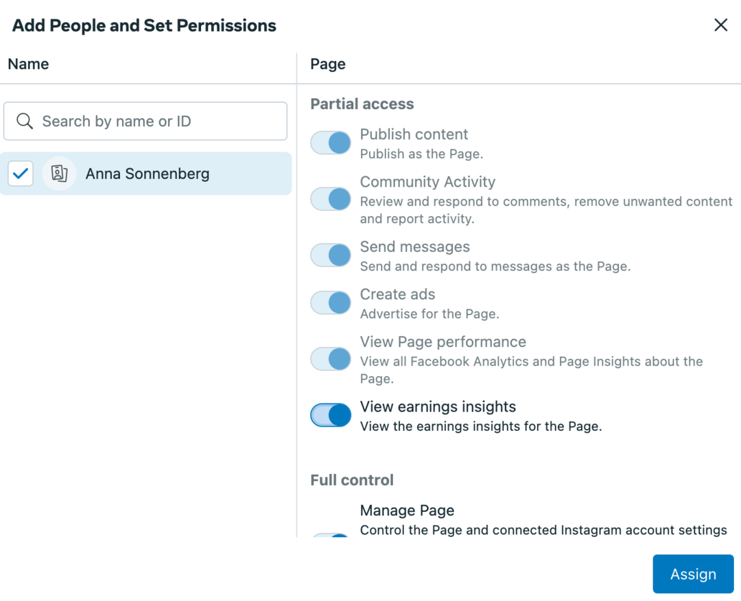 billede af skærmen App People and Set Permissions i Meta Business Suite