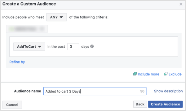 Vælg indstillinger for at oprette et Facebook-tilpasset publikum baseret på AddToCart-begivenhed