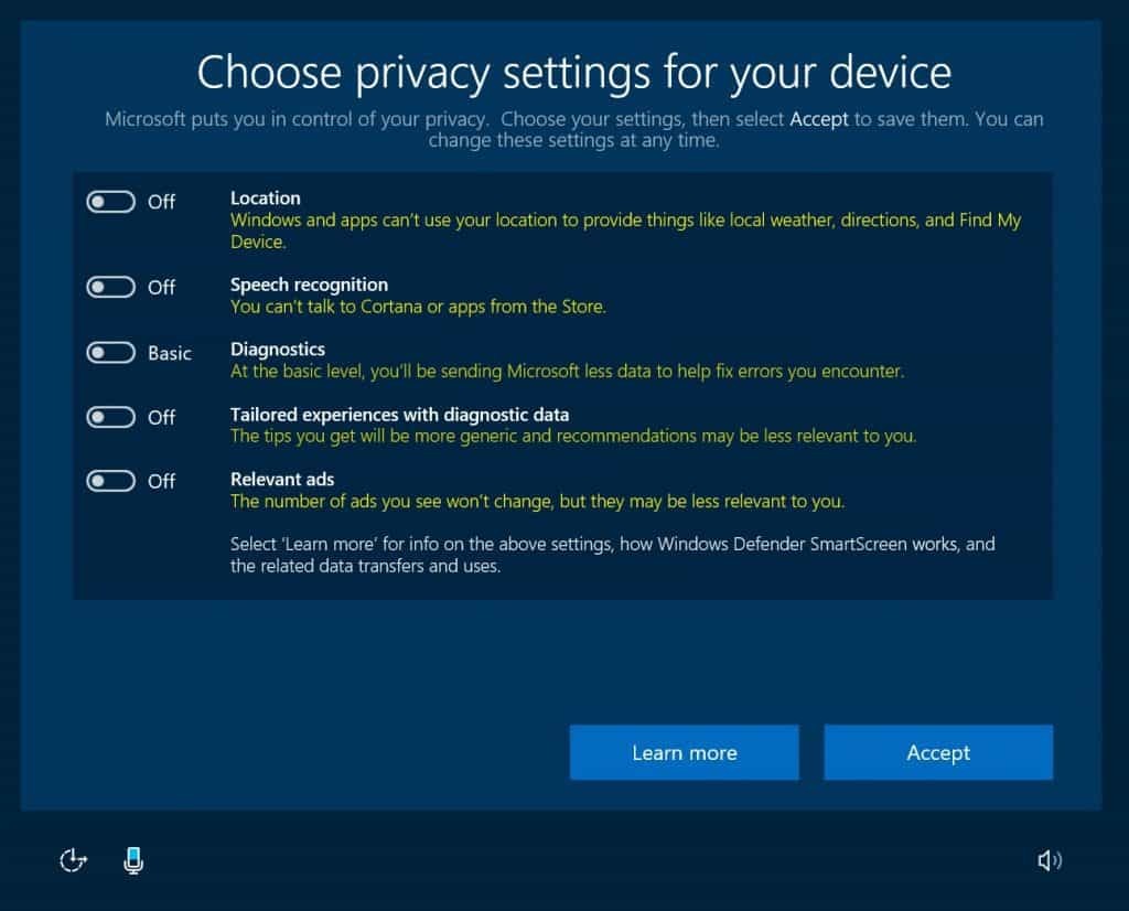 Windows 10, Privatliv, Oprettelse af skabere, OOBE