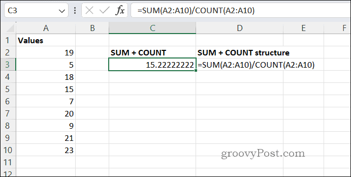 SUMCOUNT gennemsnitsresultat i Excel