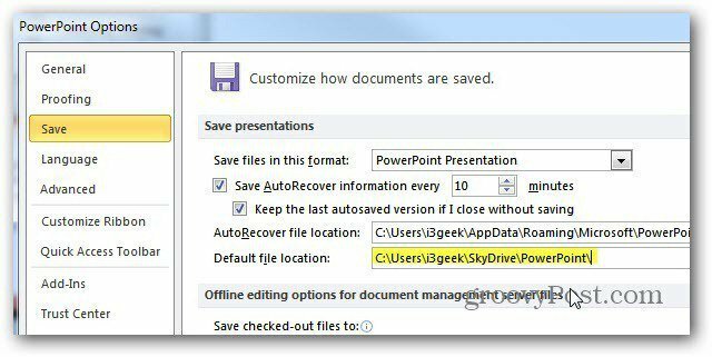 Gem Microsoft Office-dokumenter på SkyDrive som standard