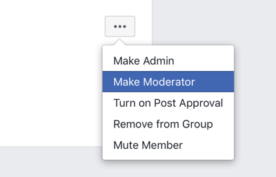Sådan forbedres dit Facebook-gruppesamfund, menupunktet Facebook-gruppe for at gøre et medlem til moderator 