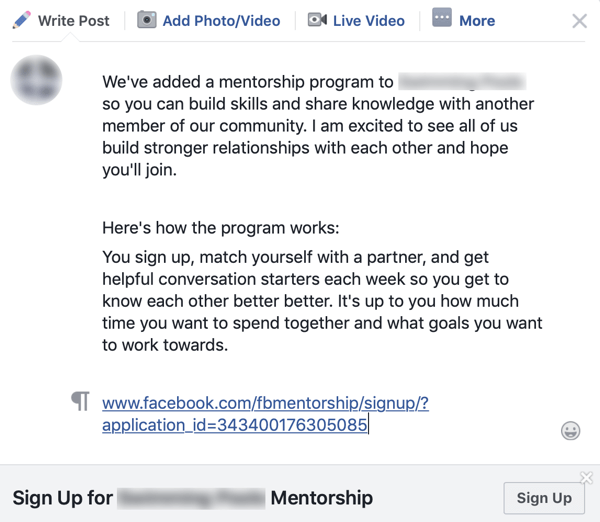 Sådan forbedres dit Facebook-gruppesamfund, eksempel på en gruppemeddelelse til et Facebook-mentorprogram