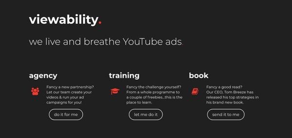 Skærmbillede af webstedet for Viewability, et YouTube-annonceringsbureau.