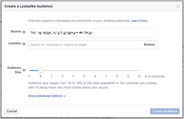 Indstil Facebook-lookalike målgruppestørrelse. Du kan kontrollere størrelsen med en skyder, der vises, når du opretter publikum.
