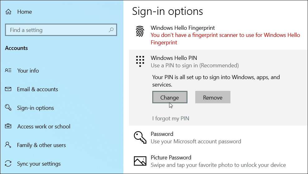 ændre tilføj PIN-kode Windows 10