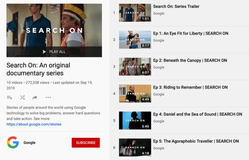 YouTube-playliste til Google docuseries Søgning på