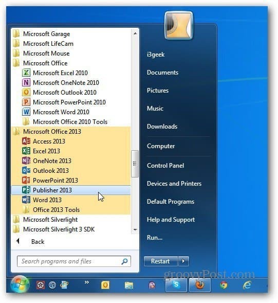 begge versioner Office Start Windows 7