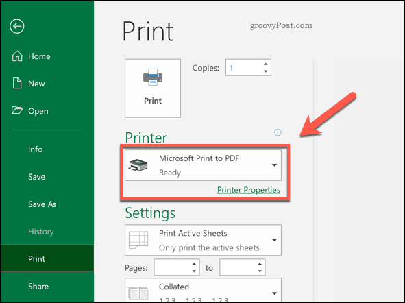 Udskriv til PDF-printerindstilling i Excel