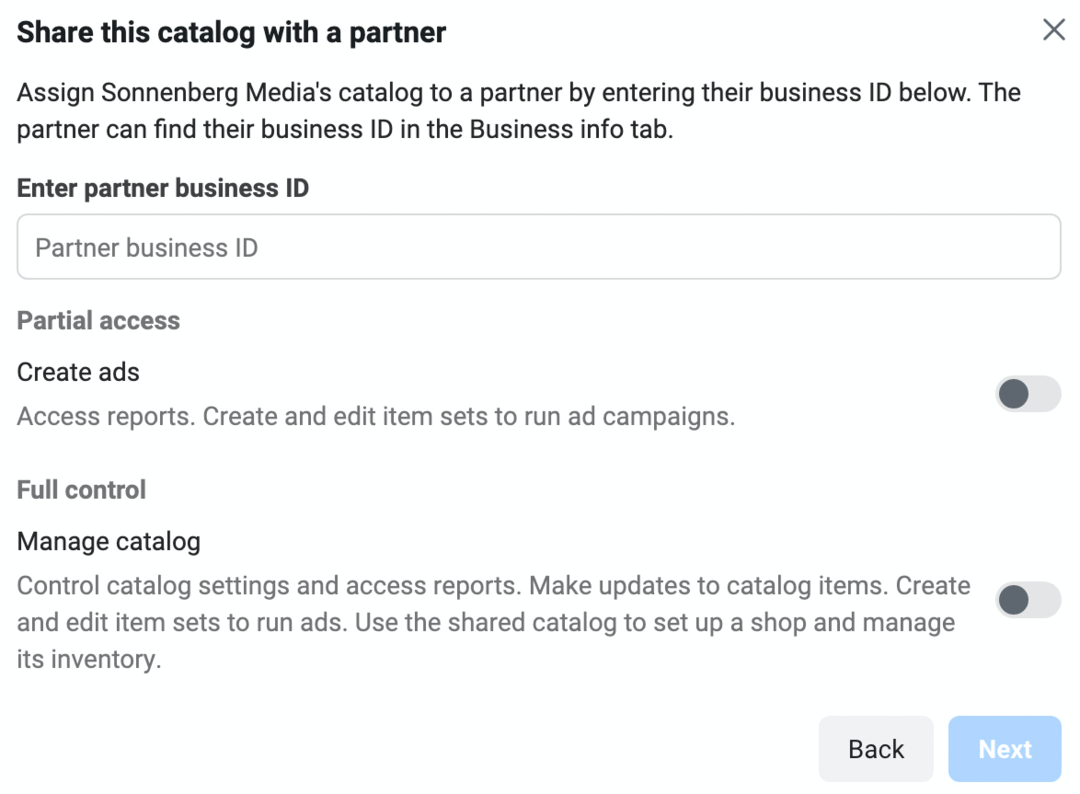 billede af Del dette katalog med en partner-skærm i Meta Business Manager