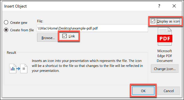 Indsættelse af en PDF-fil som et objekt i PowerPoint