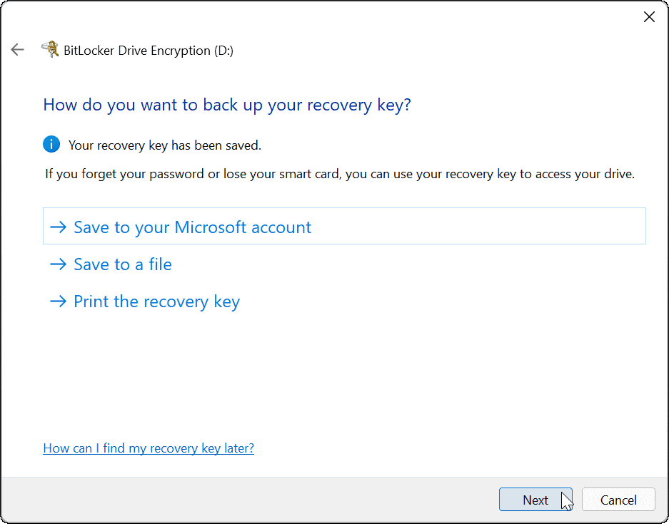 brug bitlocker til at gå på Windows 11 gendannelsesnøgle