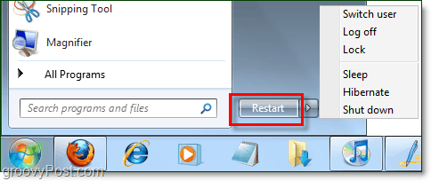 Windows 7 tænd / sluk-knap med ændrede egenskaber for at genstarte i stedet