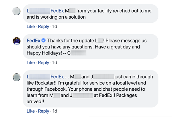 Dette er et screenshot af en Facebook-samtale mellem FedEx og en kunde. Kunden fortæller kundeservice, at nogen når ud til dem og hjælper dem med et problem. Kundeservicemedarbejderen takker kunden og opfordrer dem til at være i kontakt, hvis de har spørgsmål. Kunden svarer derefter med et svar, at de lokale og Facebook-kundeservicemedarbejdere er rockstjerner. Shep Hyken bemærker, at god social kundeservice kan gøre folk til brandadvokater.