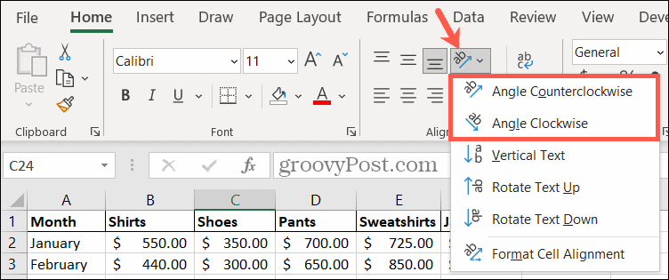 Vælg en orienteringsvinkel i Excel for at rotere tekst