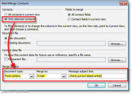 Outlook 2010-skærmbillede - sørg for, at indstillingerne er korrekte under brevfletningskontakter