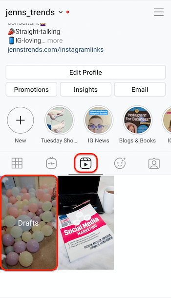 skærmbillede af fanen instagram-ruller på en profil, der viser pladsholderen for rulleudkast