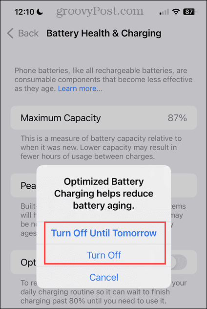 Slå muligheder for optimeret batteriopladning fra på iPhone