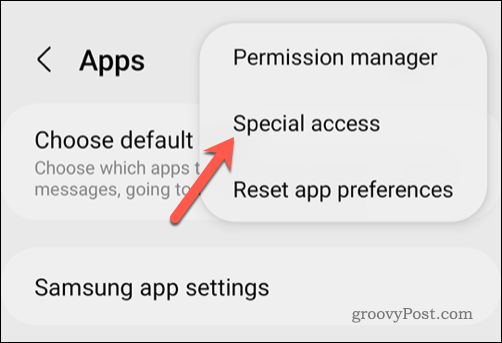Åbning af menuen Special Access på Android