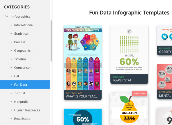 Eksempler på Venngage-infografikategorier under sjove data.