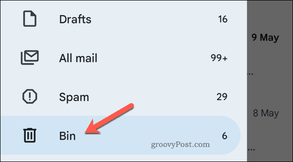 Åbning af papirkurven i Gmail på mobilen