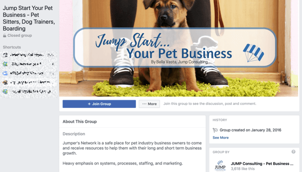 Sådan bruges Facebook Groups-funktioner, eksempel på en gruppe til Jump Start Your Pet Business