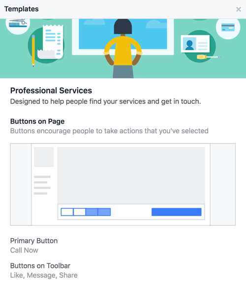 Find ud af hvilke knapper og opfordringer til handling der følger med din Facebook-sides skabelon.