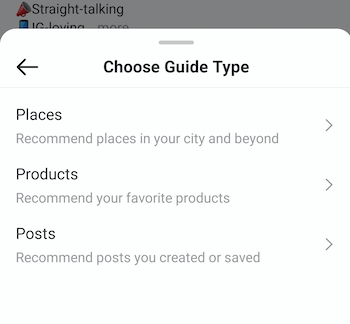 eksempel instagram oprette guide vælg guide type menu med muligheder for steder, produkter og postsexample instagram oprette guide vælg guide type menu med muligheder for steder, produkter og indlæg