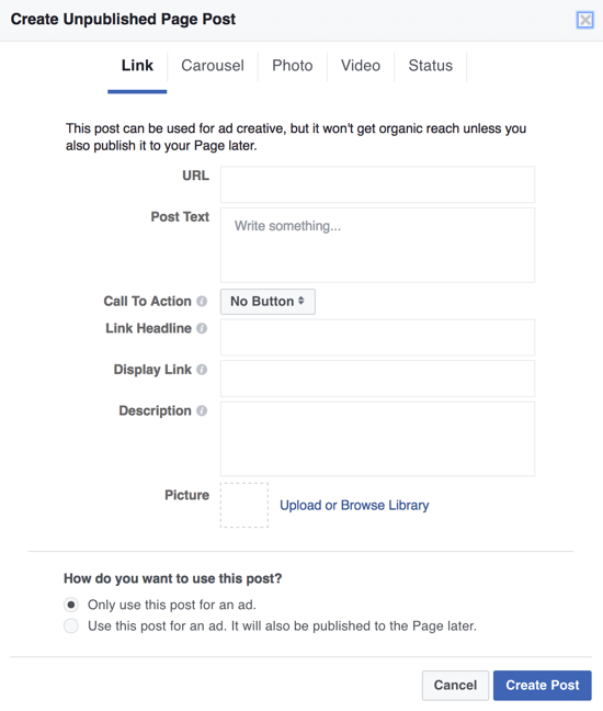 For at oprette mørke indlæg på Facebook som annoncer kan du bruge Power Editor og vælge Brug kun dette indlæg til en annonce.
