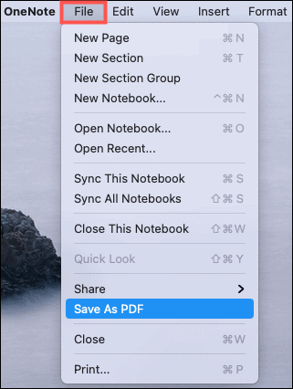 Gem som PDF OneNote Mac