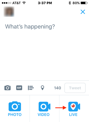 Tryk på Skriv for at oprette en ny tweet, og tryk derefter på Live-ikonet.