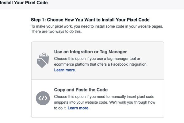 Vælg hvilken metode du vil bruge til at installere Facebook-pixlen.