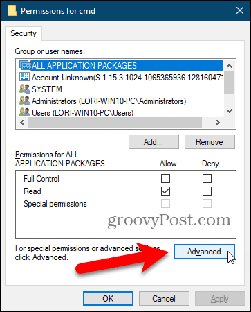 Klik på Avanceret i dialogboksen Tilladelser i Windows-registreringsdatabasen