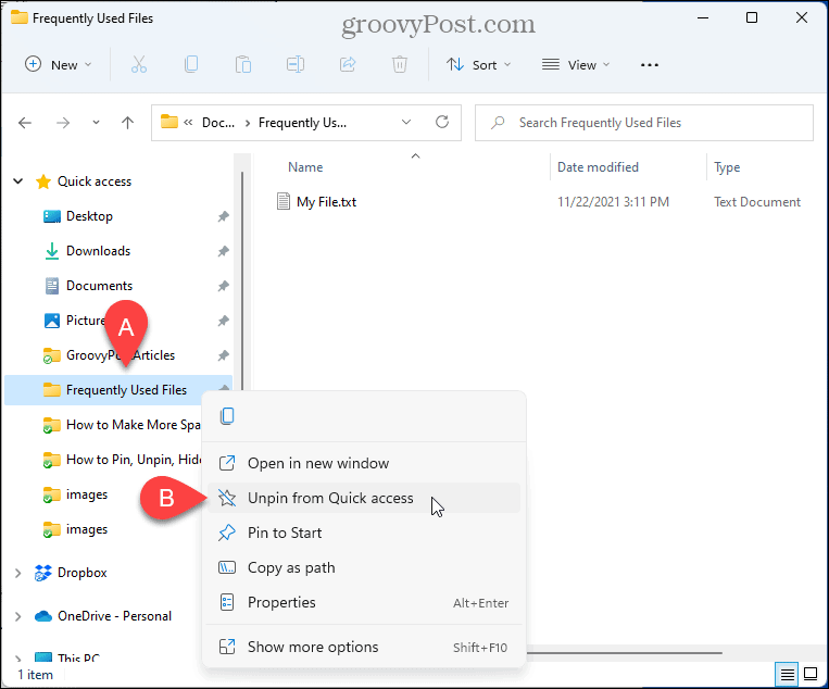 Vælg Frigør fra Hurtig adgang i File Explorer