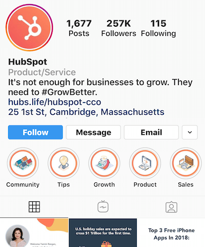 Instagram fremhæver albums på HubSpot-profilen
